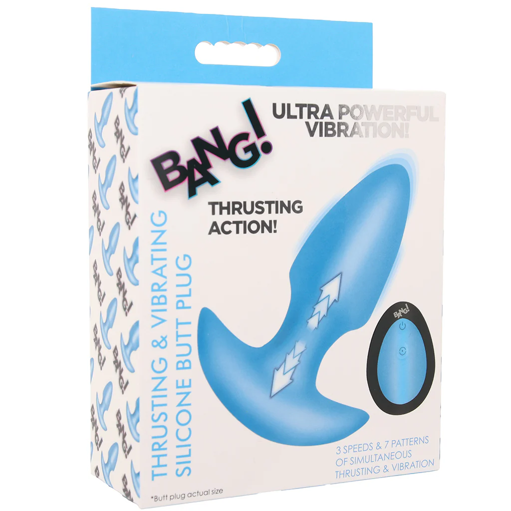 Bang! Thrusting & Vibrating Silicone Butt Plug in Blue - Image 9