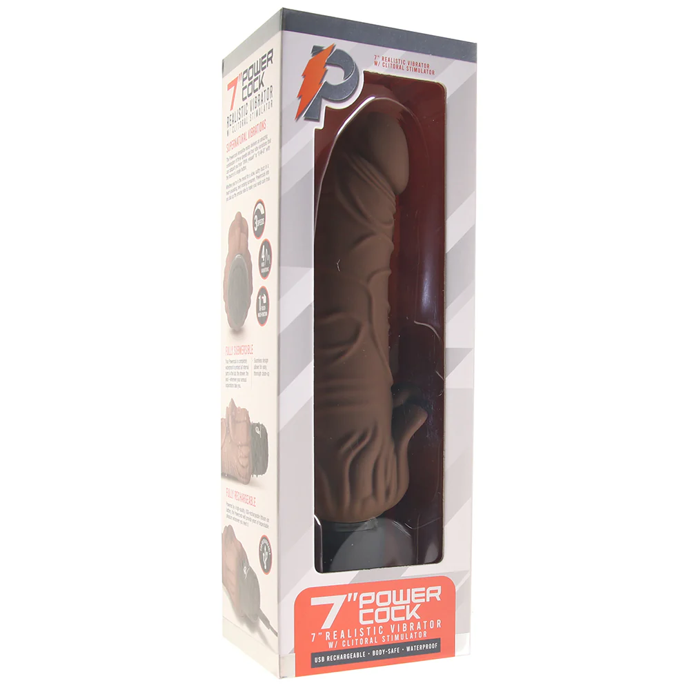 PowerCock 7 Inch Vibe with Clitoral Stimulator in Brown - Image 6